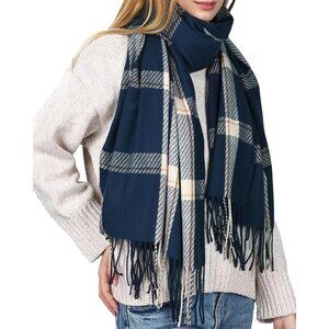 Winter Scarf Women's Shawl Cashmere Feel Tassel Plaid Oversized Scarves Navy